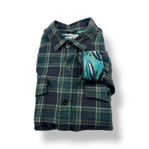 Pladra Men Flannel Shirt Green Plaid Fish Print Cuff Long Sleeve USA Made Size M